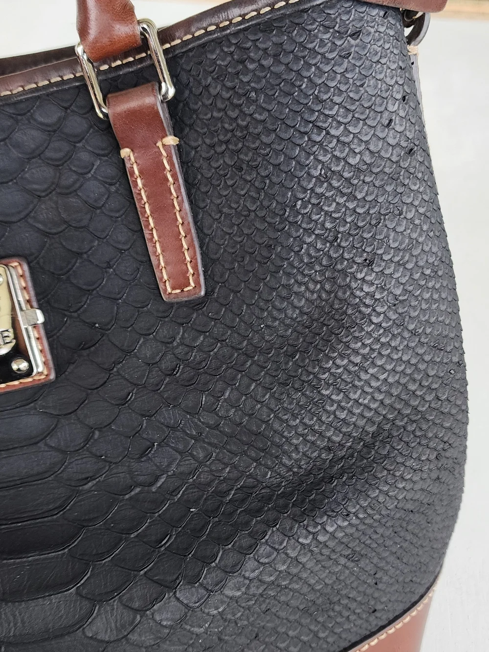 Vintage Dooney & Bourke Black and Brown Leather Embossed Tote